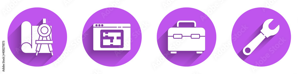 Poster set graphing paper and compass, house plan, toolbox and wrench spanner icon with long shadow. vector