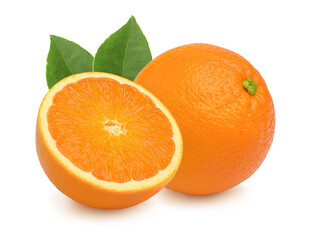 Orange fruit,half and leaves isolated on white background.