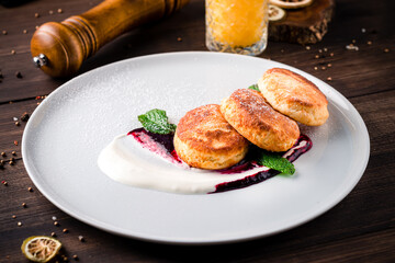 Ricotta pancakes, Syrniki Cottage cheese pancakes, Fritters of cottage cheese healthy breakfast