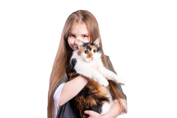 Fototapeta na wymiar Schoolgirl with a cat. Isolated on white background.