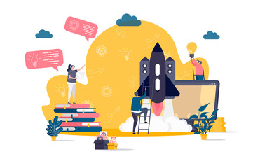 Startup project concept in flat style. Team of startup founders launching new project scene. Innovation solution development web banner. Vector illustration with people characters in work situation.