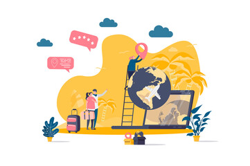 Travel vacation concept in flat style. Couple planning travel scene. Web solution for trip organization, online flight booking service. Vector illustration with people characters in situation.