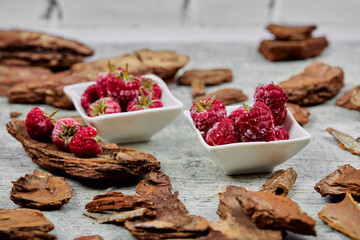 Two white bowl of fresh raspberries with wood pieces on gray background