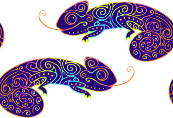 Seamless Pattern with Doodle Curled Rainbow Colors Chameleon Isolated on White Background. Hand Drawn Reptile Vector Multi Color Cartoon Illustration. Ornate drawing for Baby Print, Accessories. 