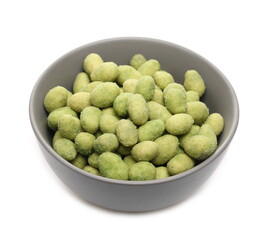 Wasabi coated peanuts in bowl isolated on white background