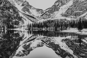 winter landscape, with kaleidoscope effect on the side di braies located in the Italian alps in the area of ​​the dolomites. Snow, trees and mountains
