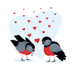 Valentine's Day card. Two bullfinches and lots of red hearts. The bird brought a treat in the form of a worm. The concept of love, care and tenderness. Valentine as a gift. Vector flat illustration