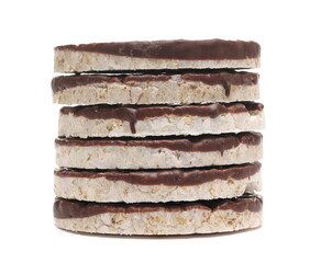 Rice cakes with chocolate topping stack isolated on white background