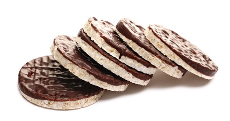 Rice cakes with chocolate topping isolated on white background