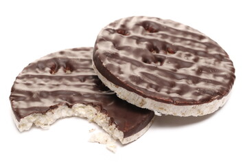 Rice cakes with chocolate topping isolated on white background