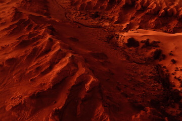 Fantastic martian landscape in rusty orange shades, Mars surface, Desert, Cliffs, sand. Alien...