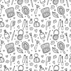 Hand drawn seamless pattern with makeup products. Cosmetics.