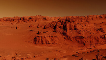 Fantastic martian landscape in rusty orange shades, Mars surface, Desert, Cliffs, sand. Alien landscape. Red planet mars © EvgeniyQW