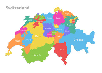 Switzerland map, administrative division, separate individual regions with region names, color map isolated on white background vector