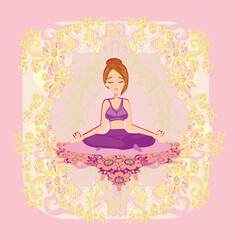 Fototapeta na wymiar Girl in lotus pose meditating, abstract decorative card