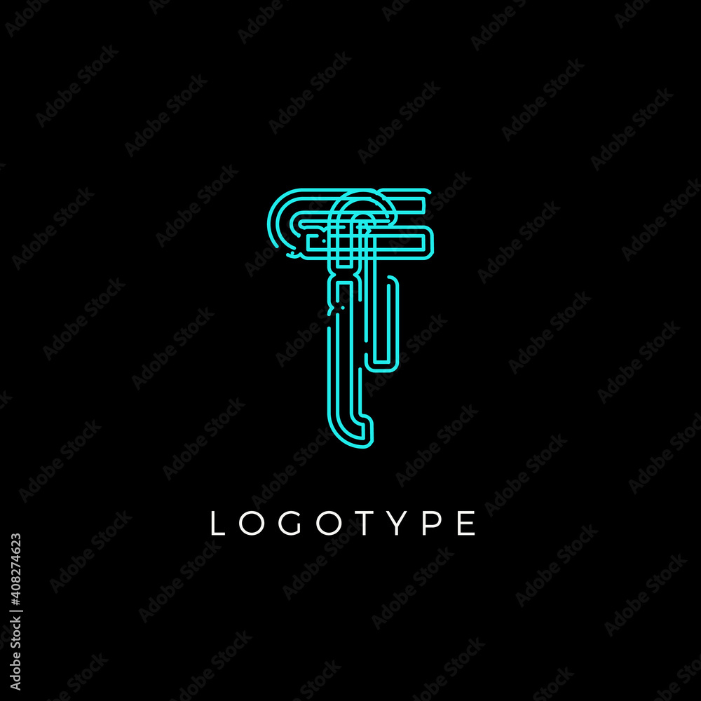 Poster cyber letter t for digital technology logo concept. contour circuit style monogram for artificial in