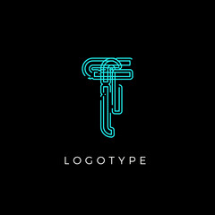 Cyber letter T for digital technology logo concept. Contour circuit style monogram for artificial intelligence product symbol, robotic system logo and vector type design