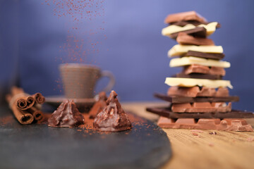 stack of broken bars of white, milk, dark chocolate on a slate board, a cup of hot cocoa, a bunch of cinnamon, the concept of sweets, a colorful meal