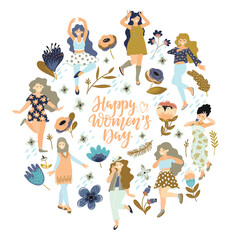Happy women's day illustration. Beautiful dancing women