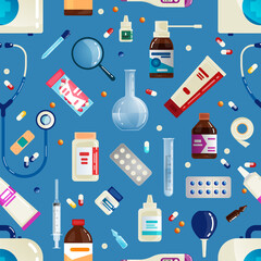 Colored Seamless Background on a Medical Theme.  Vector Illustration in Flat Cartoon Style.