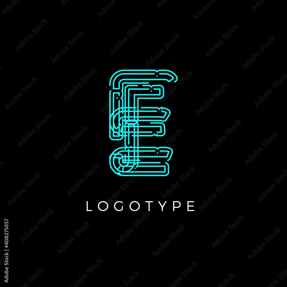 Poster Cyber letter E for digital technology logo concept. Contour circuit style monogram for artificial intelligence product symbol, robotic system logo and vector type design