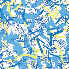 Vector seamless texture background pattern. Hand drawn, blue, yellow, white colors.