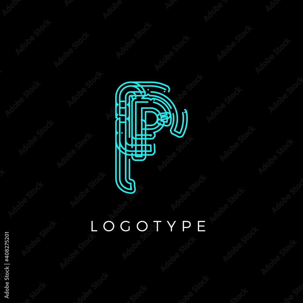 Poster cyber letter p for digital technology logo concept. contour circuit style monogram for artificial in