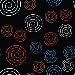 Vector seamless texture background pattern. Hand drawn, black, red, blue, orange, white colors.