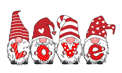 Love card. Four gnomes with the letters love. Isolated vector