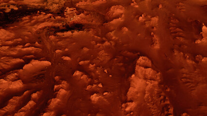 Fantastic martian landscape in rusty orange shades, Mars surface, Desert, Cliffs, sand. Alien...