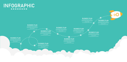 Obraz premium Startup infographic with startup info template. Abstract rocket vector illustration on white background. They can be used for strategic planning, layouts, workflows, business procedures, and education