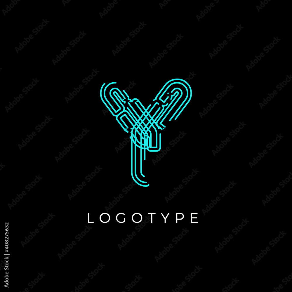 Poster Cyber letter Y for digital technology logo concept. Contour circuit style monogram for artificial intelligence product symbol, robotic system logo and vector type design