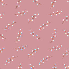 Seamless watercolor pattern with willow twigs on a colored background. Illustration for holidays, fabrics, postcards, packaging.