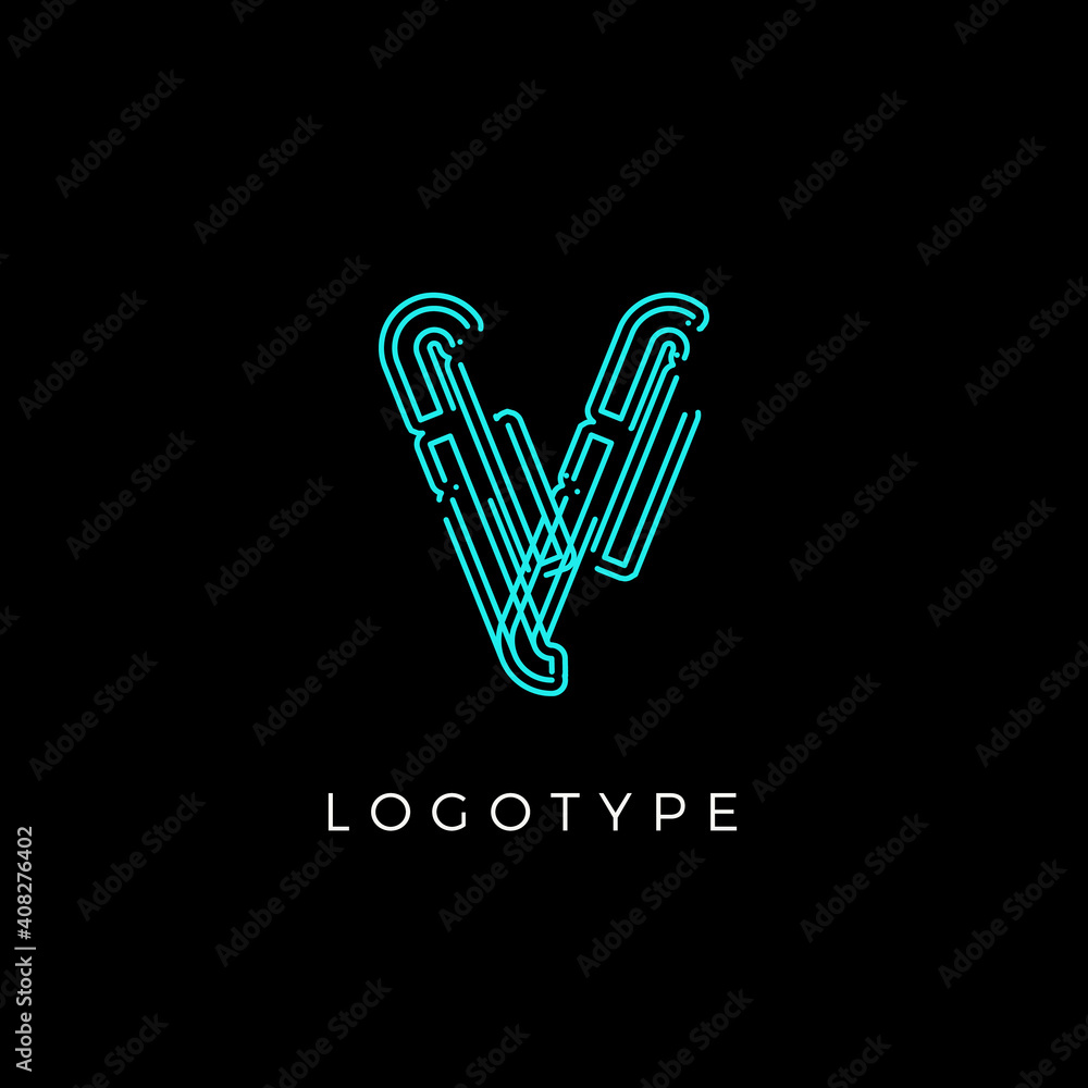 Poster cyber letter v for digital technology logo concept. contour circuit style monogram for artificial in
