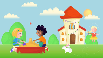 Childrenof different ethnicities playing at sandbox and doing jump rope in yard. Cartoon landscape on background. Vector illustration.