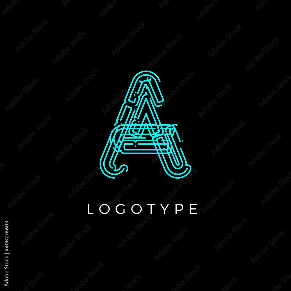 Poster Cyber letter A for digital technology logo concept. Contour circuit style monogram for artificial intelligence product symbol, robotic system logo and vector type design