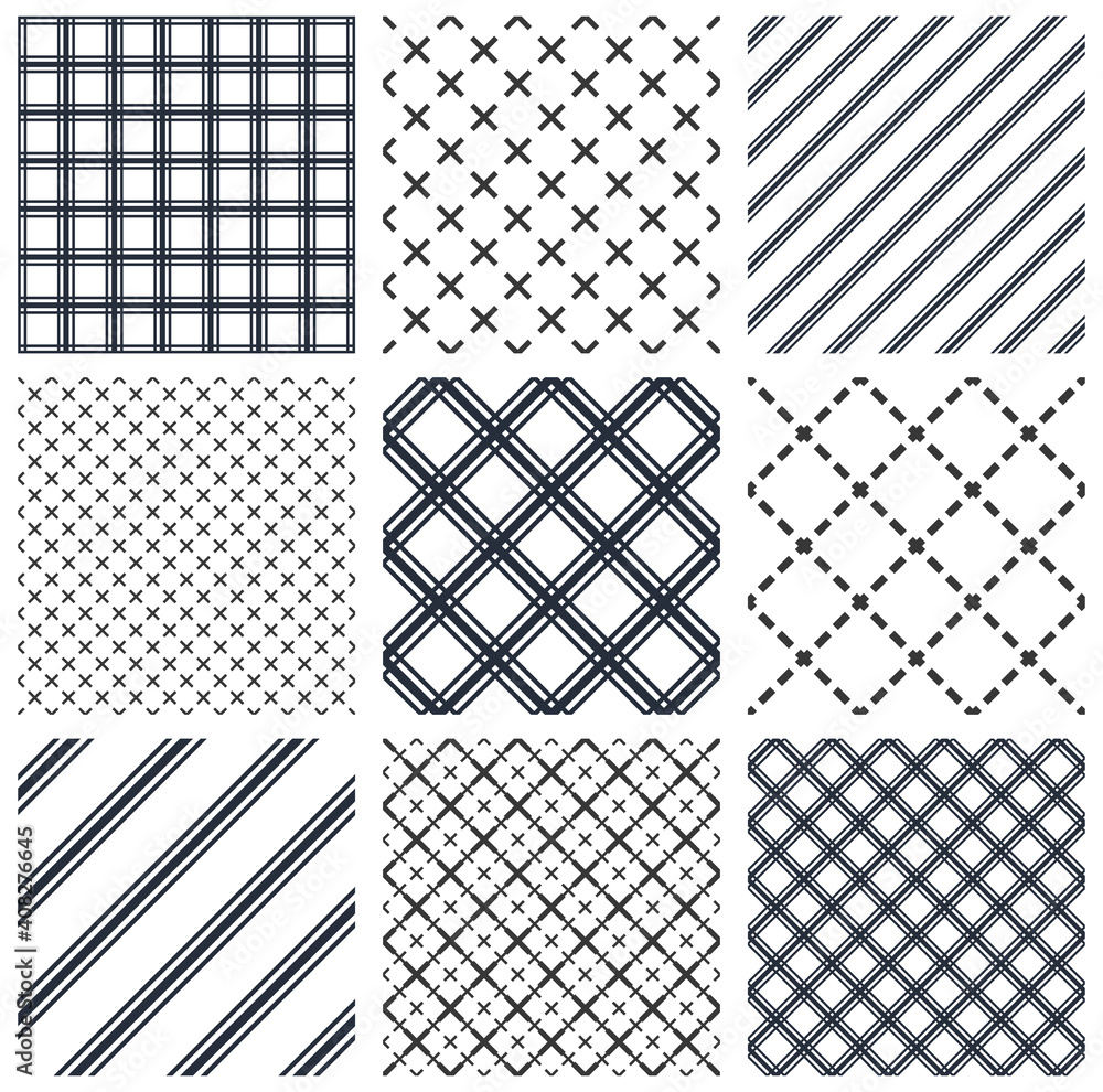 Poster minimal simple geometric seamless patterns set, vector abstract backgrounds with lines and dashes, w