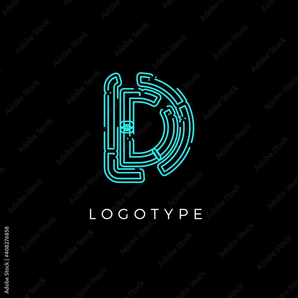 Poster cyber letter d for digital technology logo concept. contour circuit style monogram for artificial in