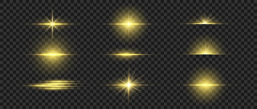 Golden glowing light. Gold glow flash with sparcle. Vector sunrise effect. Realistic shiny beam set.