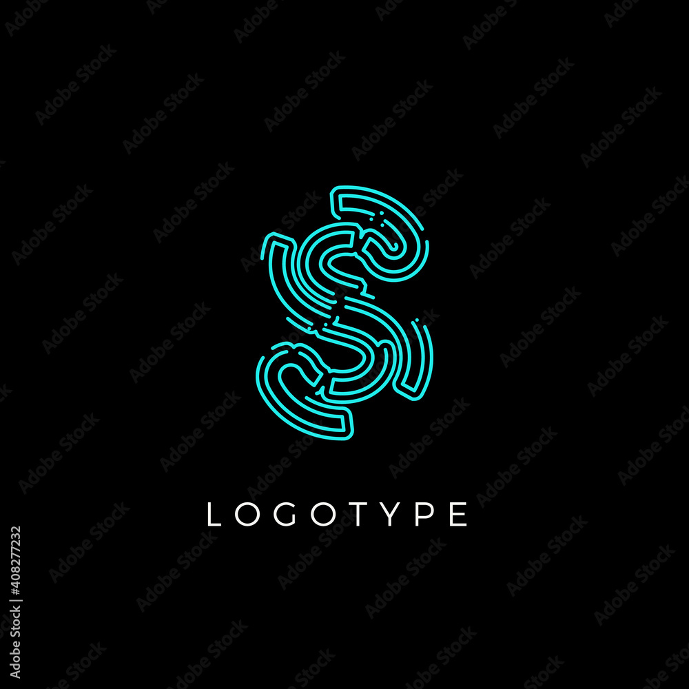 Poster Cyber letter S for digital technology logo concept. Contour circuit style monogram for artificial intelligence product symbol, robotic system logo and vector type design
