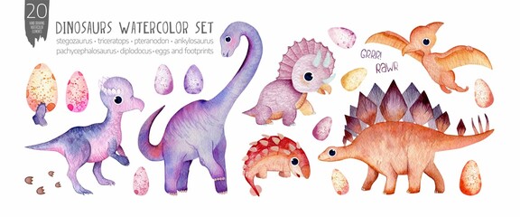 Dinosaurs, eggs and footprints hand drawn isolation on white watercolor set	