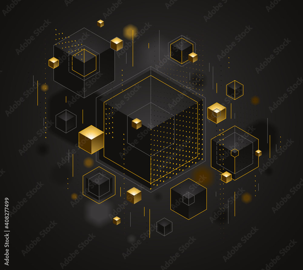 Poster cubes cluster with golden elements lines and dots vector abstract background, 3d abstraction vip lux