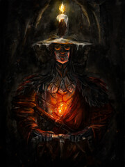Fototapeta na wymiar A miner with candles on his hat holds a pickaxe in his hands, he has a burning crystal emitting light in his chest, wax flows over the hat, he is wearing a leather cape, stands in a dark cave.
