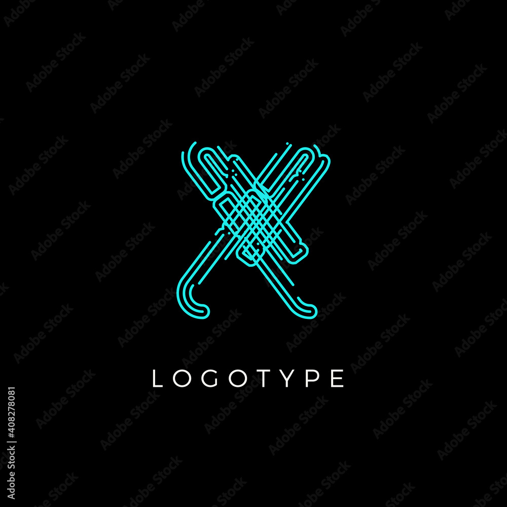 Poster Cyber letter X for digital technology logo concept. Contour circuit style monogram for artificial intelligence product symbol, robotic system logo and vector type design