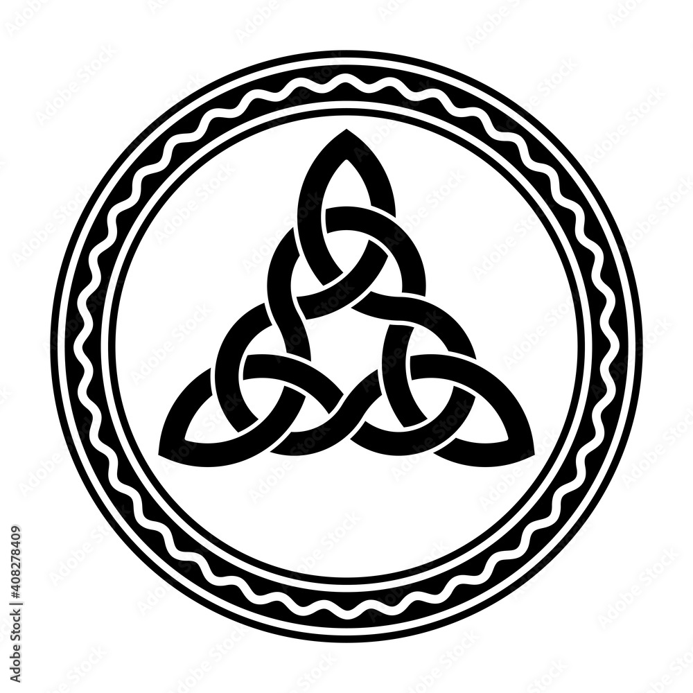 Poster intertwined triquetra, a celtic knot, in a circle frame with white wavy line. triangular figure used