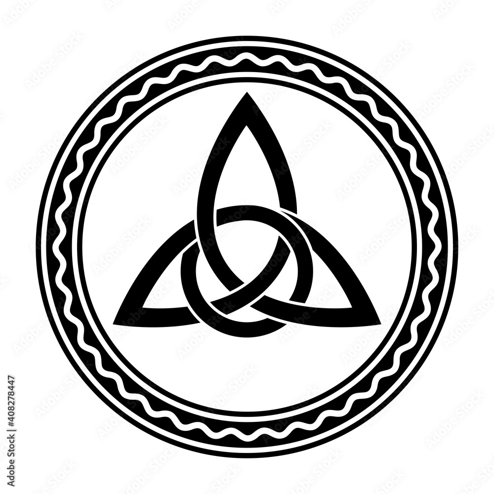 Poster triquetra with extra twist, a celtic knot, in a circle frame with wavy line. intertwined triangular 