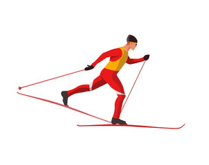 A skier in red sportswear is skiing using Ski poles and skis. Vector flat design illustration isolated on white background. Winter sports