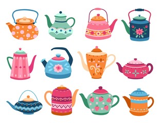 Cute teapots. Kitchen tools, cartoon teapot or kettle decorative ceramic. Householding elements, isolated modern coffee tea exact vector set. Illustration kettle and tea pot, dishware to drink tea