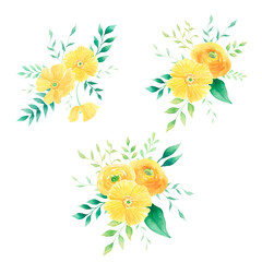 Watercolor floral arrangement isolated on white background. Spring, summer floral bouquet. Perfect for wedding invitations, print, greeting cards. Greenery, yellow, pink flowers. 