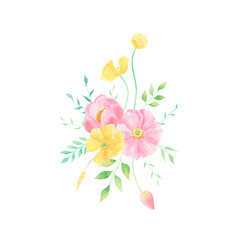 Watercolor floral arrangement isolated on white background. Spring, summer floral bouquet. Perfect for wedding invitations, print, greeting cards. Greenery, yellow, pink flowers. 